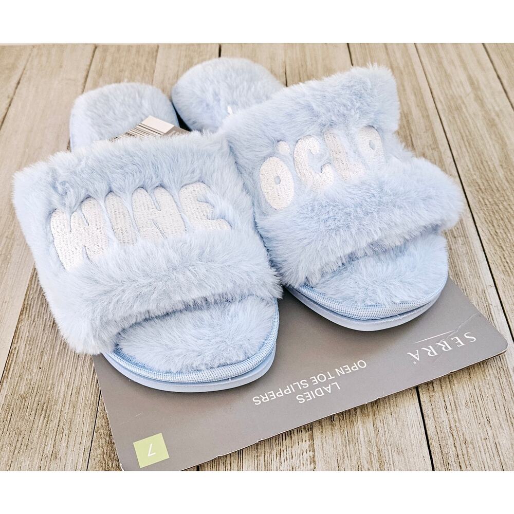 Aldi Size 7 Wine O'Clock Light Blue White Embroidered Ladies Open Toe Fuzzy
